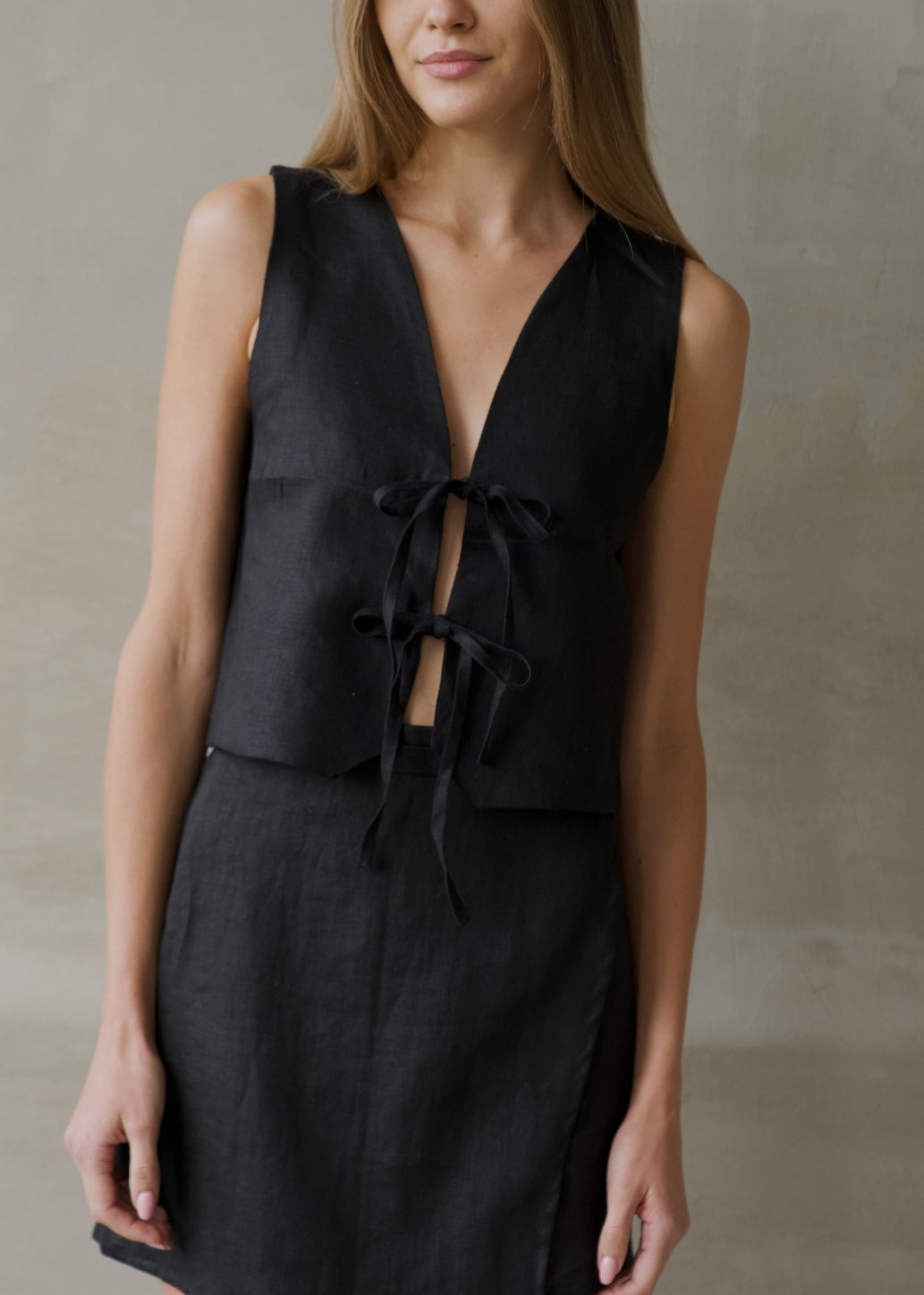 Linen Tie Front Vest - Black
