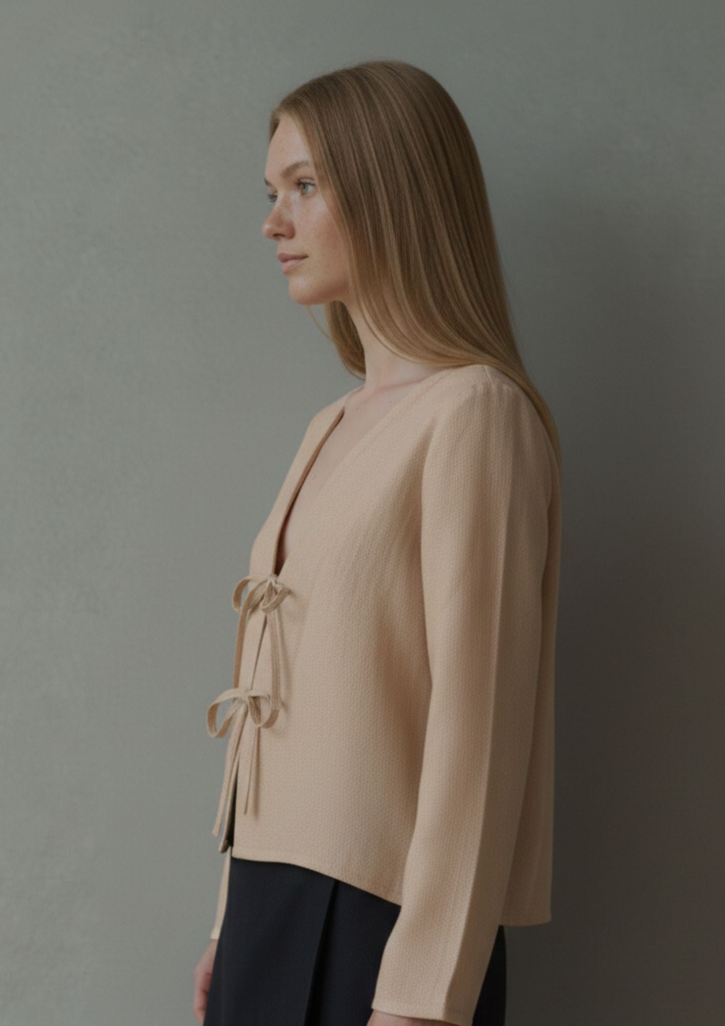 Linen Tie Front Top - Beige