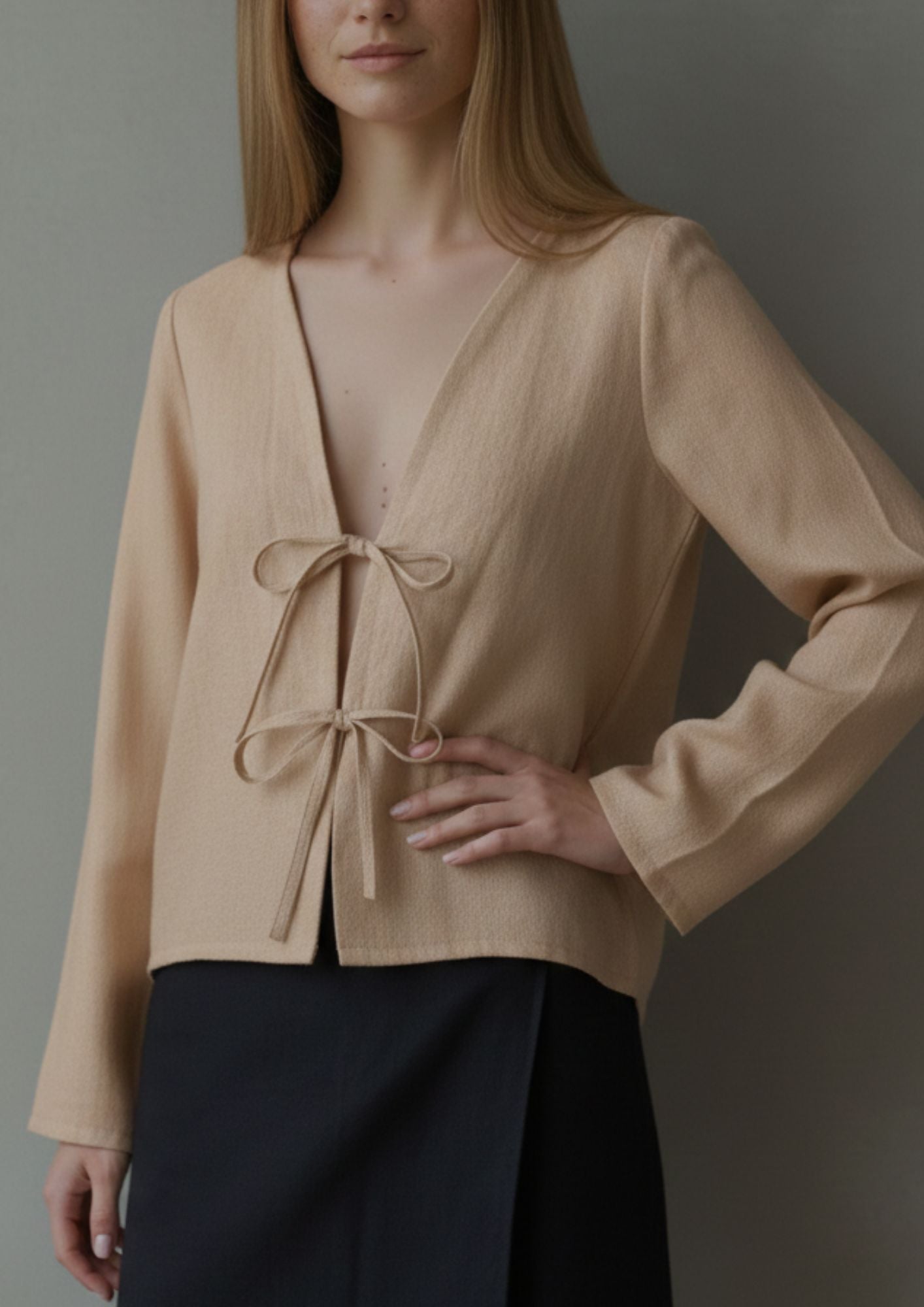 Linen Tie Front Top - Beige