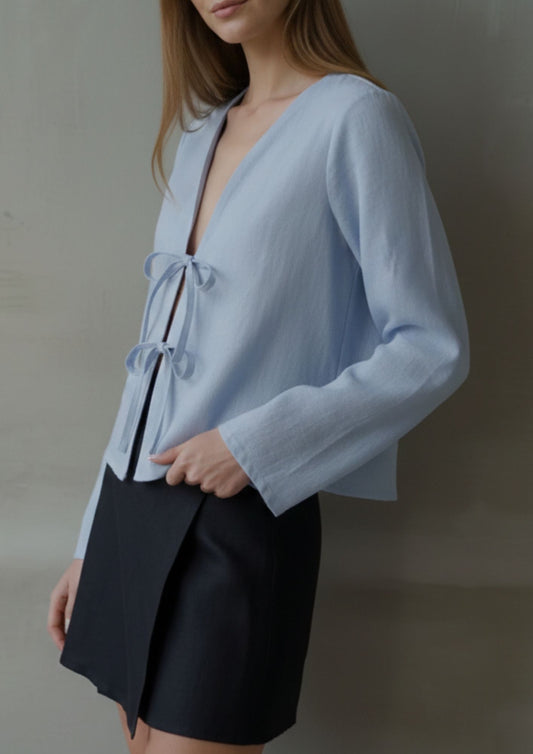 Linen Tie Front Top - Blue