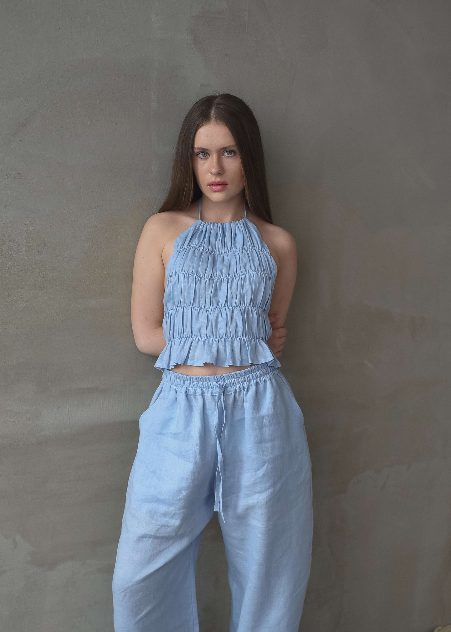 Linen Shirred Top - Blue