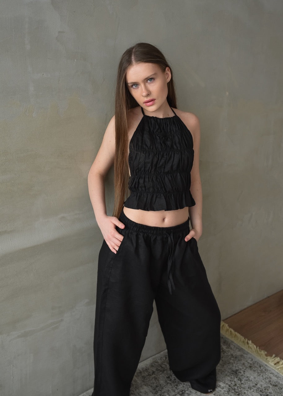 Linen Shirred Top - Black