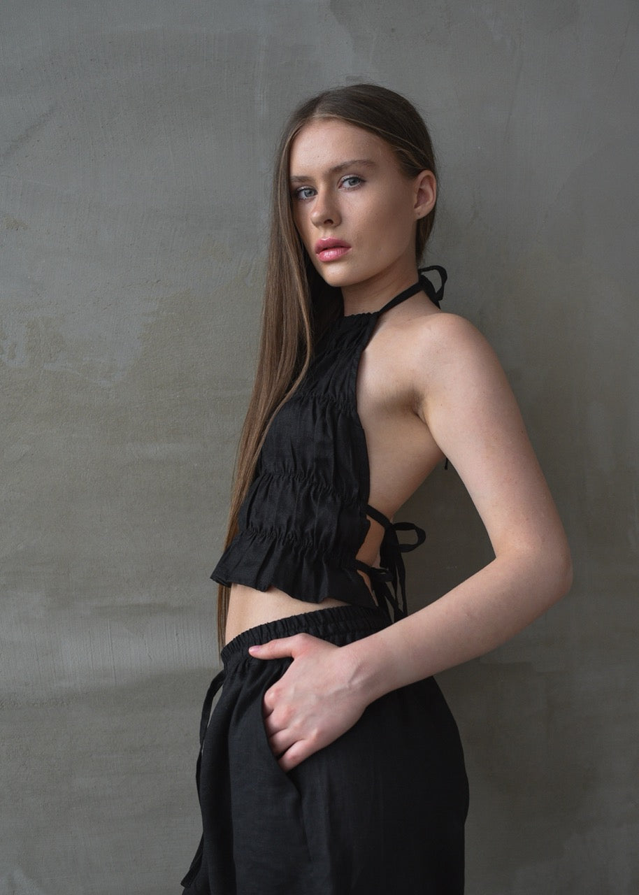 Linen Shirred Top - Black