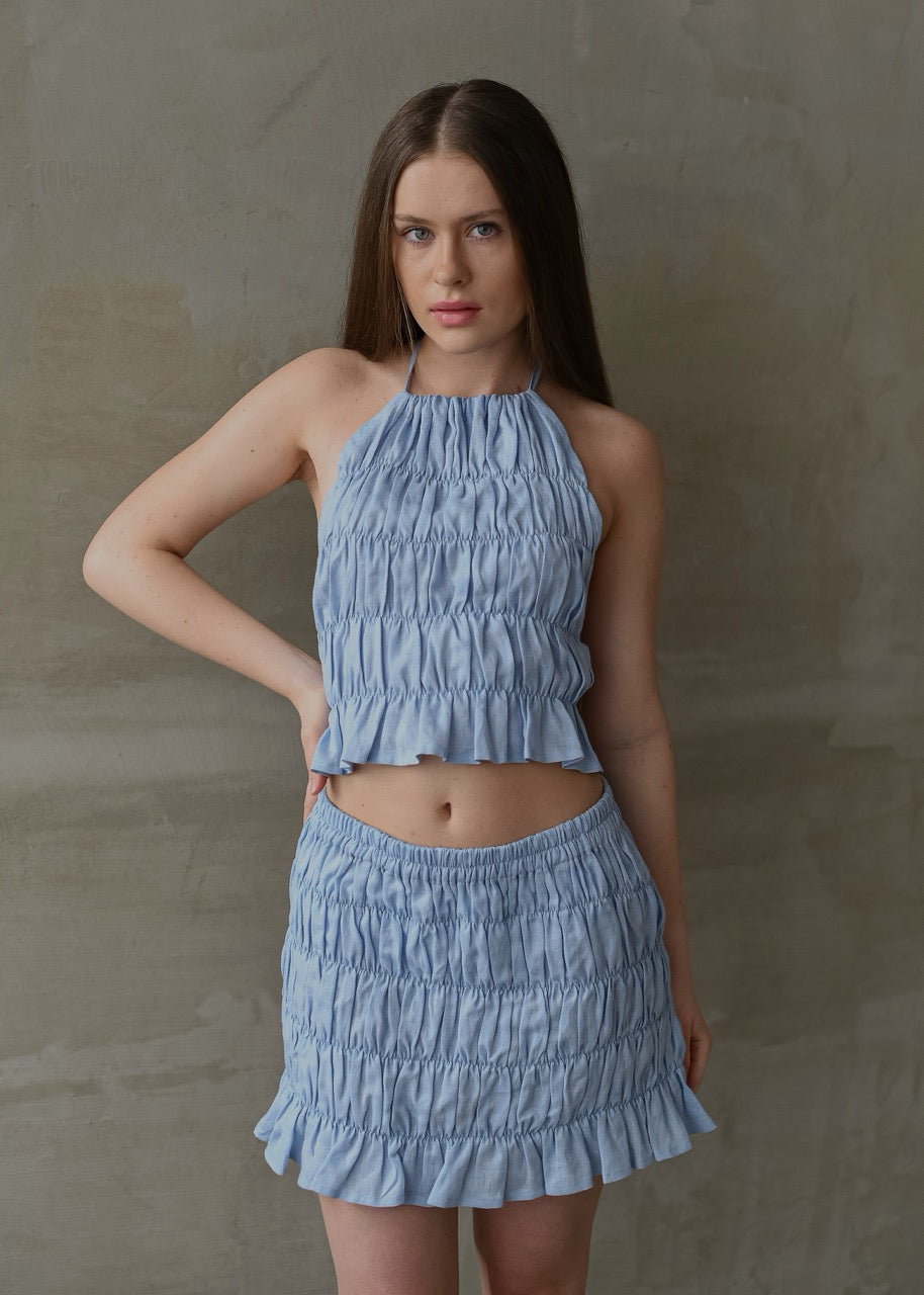 Linen Shirred Skirt - Blue