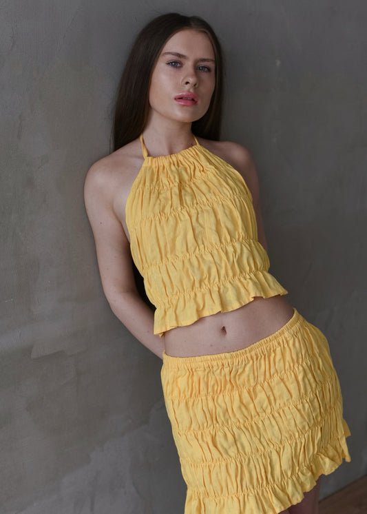 Linen Shirred Skirt - Yellow