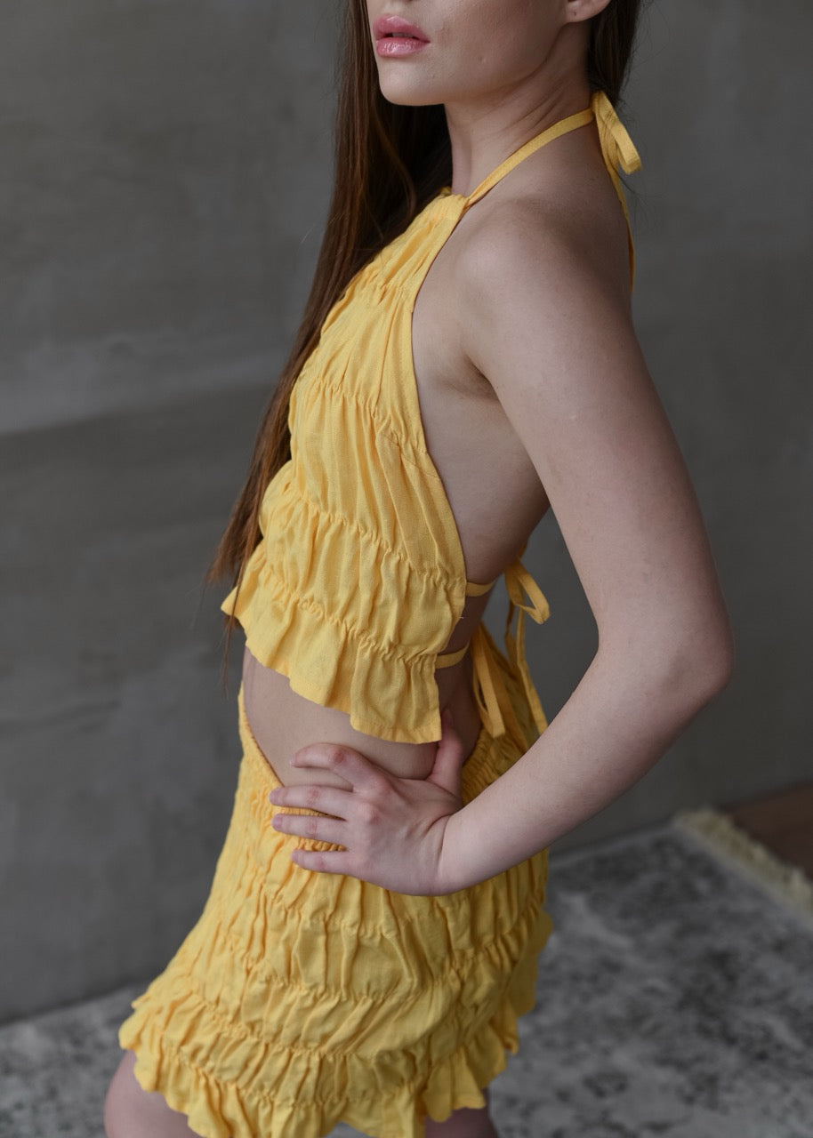Linen Shirred Skirt - Yellow