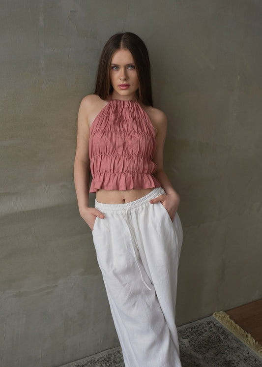 Linen Shirred Top - Pink