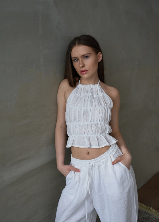 Linen Shirred Top - White