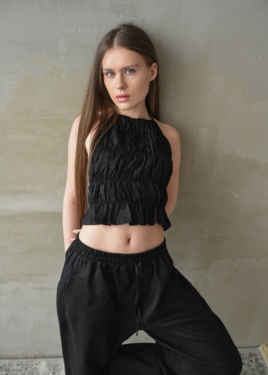 Linen Shirred Top - Black