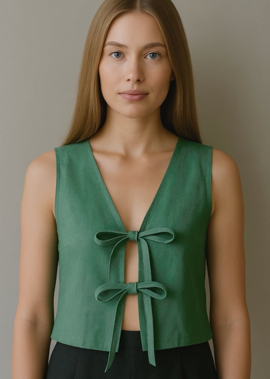 Linen Tie Front Vest - Emerald Green