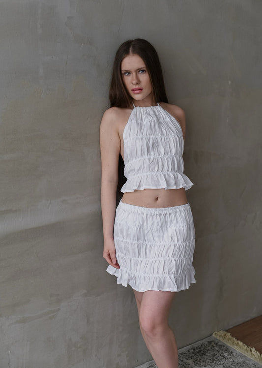 Linen Shirred Skirt - White