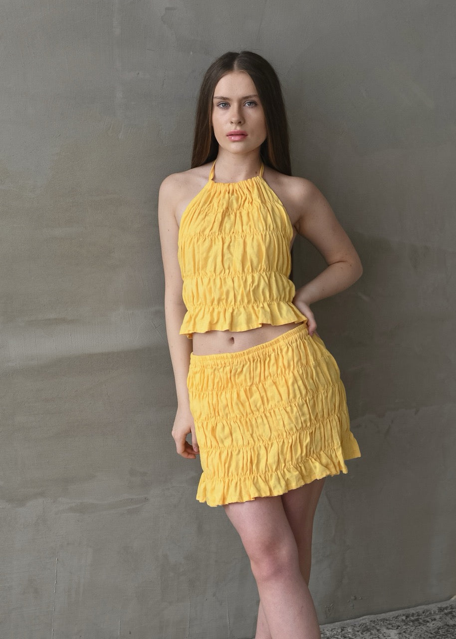 Linen Shirred Skirt - Yellow