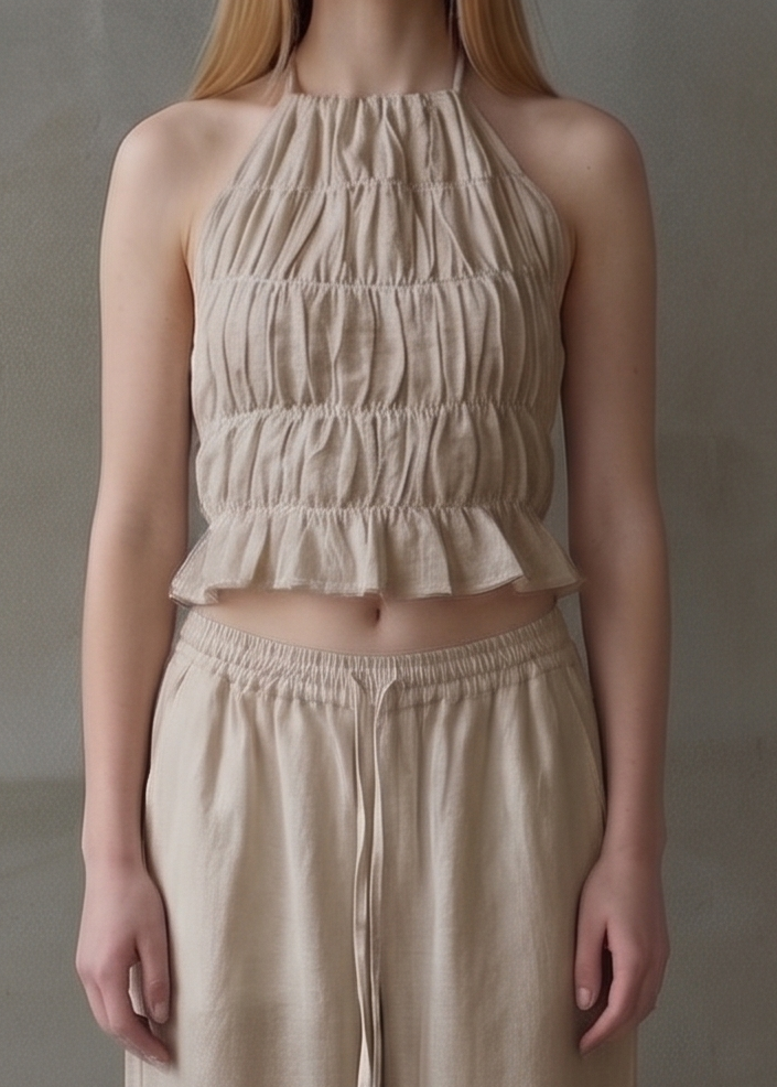 Linen Shirred Top - Beige