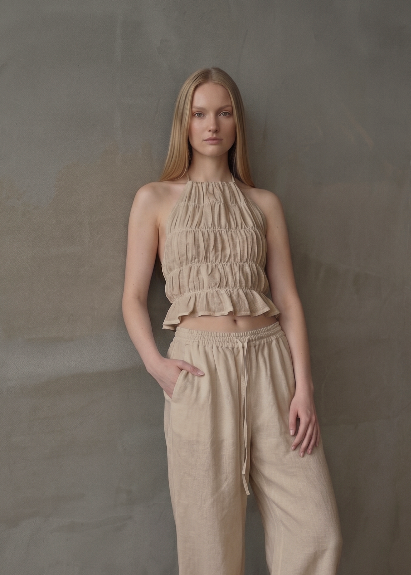 Linen Shirred Top - Beige