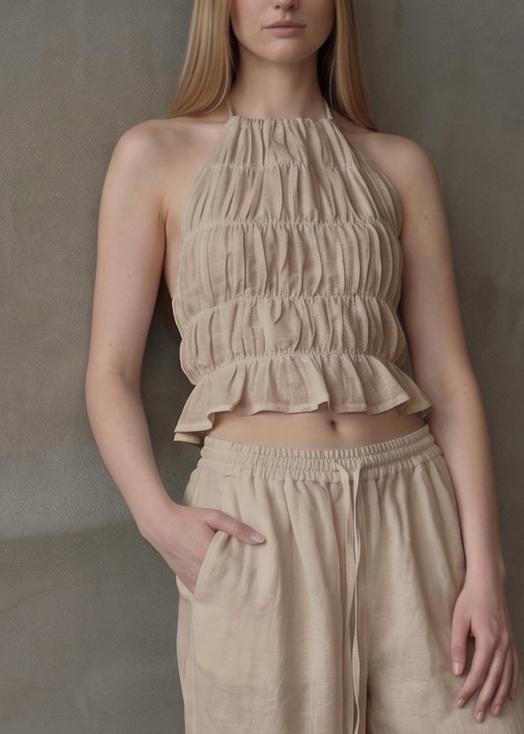 Linen Shirred Top - Beige