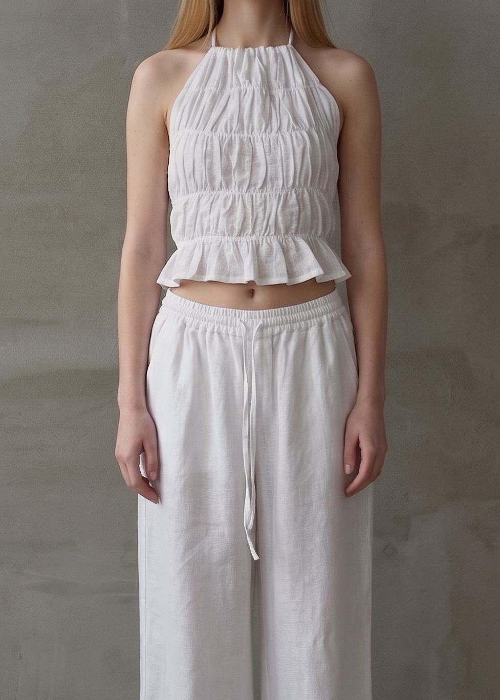 Linen Shirred Top - White