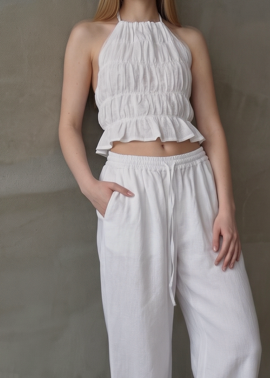 Linen Shirred Top - White